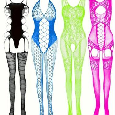 Imagem de Kit 4 Lingerie Sexy Body de Renda Transparente ElaShopp, Multicolor, T