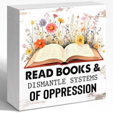 Imagem de WUZYOU Decoração de parede de caixa de madeira de afirmação inspiradora, leia livros e desmonte sistemas de opressão placa de bloco de madeira para decoração de mesa, decoração motivacional para casa