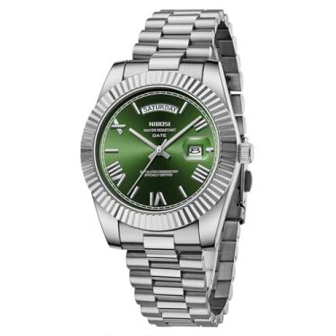 Imagem de NIBOSI Relógio masculino analógico, quartzo, aço inoxidável, ouro rosa, prata, à prova d'água, negócios, design clássico, com data, A08 - Verde prateado