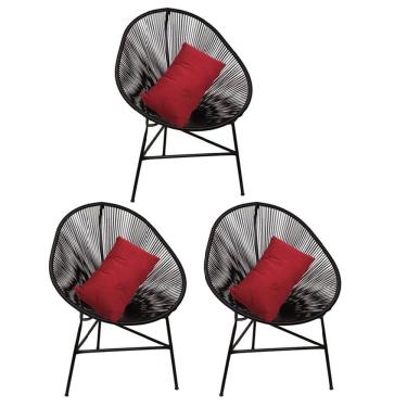 Imagem de Kit 03 Poltrona Cadeira Acapulco Plus Com Almofada Quadrado Preto Suede Vermelho