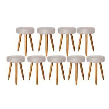 Imagem de Kit 09 Banqueta Alta Julia 50Cm Bar Cozinha Bistrô Pé Palito Carvalho Tecido Sintético Bege