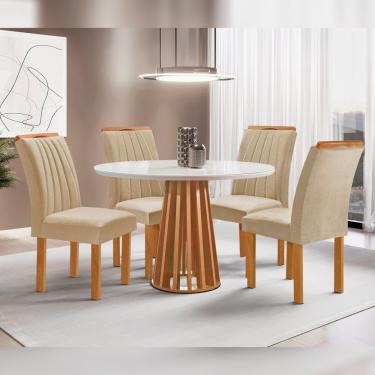 Imagem de Conjunto Mesa Tampo Redondo Plus Vidro Kansas 100cm 4 Cadeiras Arizona Cinamomo/off White/suede Cru