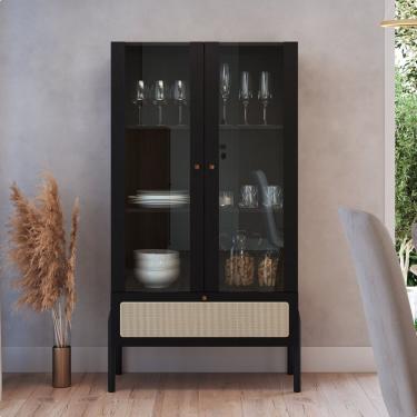 Imagem de Cristaleira 2 Portas Vidro 1 Gaveta 83cm Palhinha Pé Madeira Nero Preto
