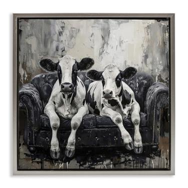 Imagem de Stupell Industries Design de arte de parede em tela flutuante cinza com vacas relaxantes no sofá por LSR Creative Studio, 45,7 x 45,7 cm