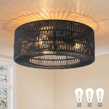 Imagem de SineRise Luminária De Teto Embutida (18 Polegadas, Lâmpada Led Incluída), Vime Boho Trançada À Mão, Lustre Para Corredor, Cozinha, Hall Entrada, Sala Estar (Preto)