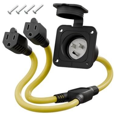 Imagem de Plugrand Cabo De Extensão Entrada Energia 15A 125V, Nema 5-15P, Divisor Em Y Flangeado Macho Para Duplo 5-15R Rv. Comprimento Médio = 1,8 Pés