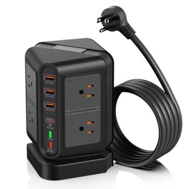 Imagem de Papotissus Réguas De Energia Em Torre Com Múltiplas Tomadas E Cabo Extensão 6,5 Pés, Proteção Contra Surtos Para Estação Carregamento Mesa, 8 Portas Ca/4 Usb (1X Pd20 W Usb-C), Suprimentos 1875 W/15