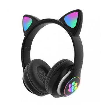 Imagem de Fone De Ouvido Com Orelha de Gatinho Infantil Headphone Bluetooth com Luzes RGB para crianças tamanho ajustável dobrável (Preto)