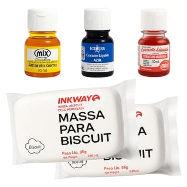Imagem de Kit Massa Para Biscuit Branca Natural 170 Gramas E 3 Corantes Líquidos Vermelho Amarelo E Azul Cores Primárias 10 Ml