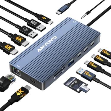 Imagem de ANYOYO Estação de ancoragem USB C Dual HDMI 4K60HZ, 14 em 1, 3 monitores (2 HDMI + saída de vídeo USB C), 10 Gbps (4USBC + A), PD100W, Ethernet 1G, para laptops