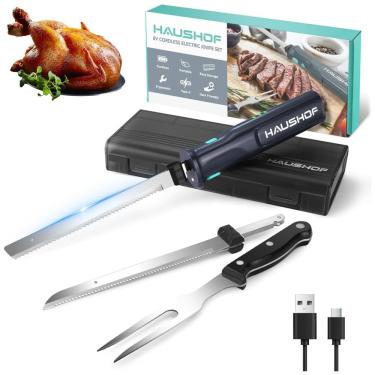 Imagem de Conjunto de Facas Elétricas Sem Fio HAUSHOF 8V para Cortar Carnes, Peixes e Pães, Corta...