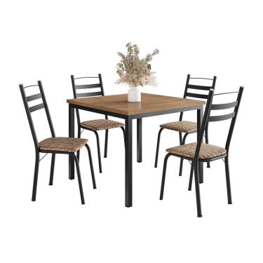 Imagem de Conjunto de Mesa Quadrada com Tampo de MDP Amadeirado e 4 Cadeiras Adriana Revestimento Sintético Bege e Preto