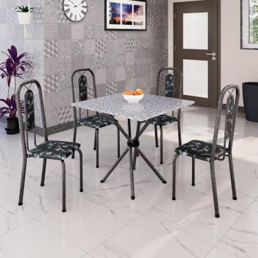 Imagem de Conjunto De Mesa Tubular 70cm X 70cm Tampo Granito Ocre Com 4 Cadeiras Lívia Preto / Prata
