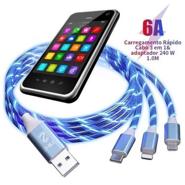 Imagem de Carregador Rápido Micro USB Type C IOS Streamer Azul Verde 3 Em 1 Cabo