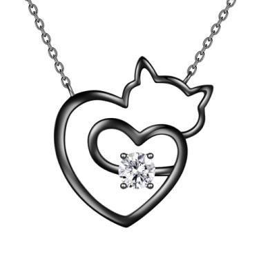 Imagem de beautlace Lindo colar de coração de gato banhado a prata/preto adorável gato animais colar pingente joia para mulheres e homens KP0251, One size, Cobre, Zircônia cúbica