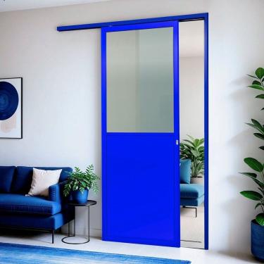 Imagem de Porta De Correr Suspensa 210x80cm Meia Lambril Meia Vidro Esq L.25 Azul