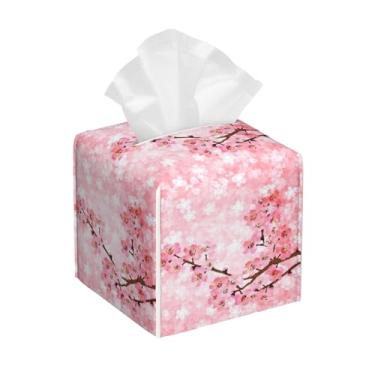 Imagem de Suporte de caixa de lenços de cerejeira rosa, capa quadrada de couro de flor de primavera com cinto inferior, organizador de guardanapo moderno à prova d'água para carro, banheiro, penteadeira, mesa