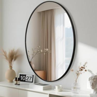Imagem de JENBELY Espelho oval preto para banheiro, espelho oval de banheiro de 61 x 91 cm com moldura de metal escovado, espelho decorativo de parede para banheiro, sala de estar, entrada