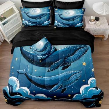 Imagem de MOVE OVER Conjunto de edredom com 8 peças de baleia azul em uma bolsa, tamanho king, de microfibra macia, animal marinho, para meninas, meninos e adolescentes, universo, galáxia e lua