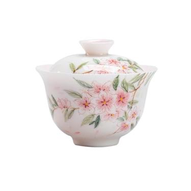 Imagem de Conjunto de chá de gongfu pintado à mão – esplendor vernal em porcelana branca pura, inclui mini bule de chá, Gaiwan, xícaras de chá, bandeja e jianshui, presente de cerimônia de chá (Gaiwan)