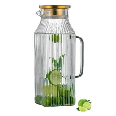 Imagem de Buaic Jarra quadrada de vidro com tampa e bico, 2 litros, listras verticais de 2 litros, jarra de água para geladeira, garrafa de água de vidro borossilicato para bebida fria, café, limonada, chá de
