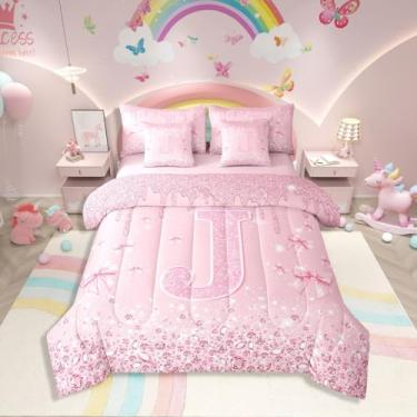 Imagem de Erosebridal Conjunto de edredom solteiro com laço de princesa rosa, 7 peças, lençol com laço de coquete, fofo, personalizado, com inicial, J, em uma bolsa, com lantejoulas de diamante, monograma