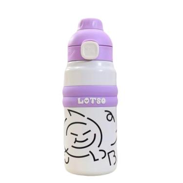 Imagem de Garrafa Térmica Infantil, 600ml, Aço Inox, Tampa Dupla com Trava Anti Vazamento, Alça e Canudo, Design Divertido, Cores Neon (Branco e Roxo)
