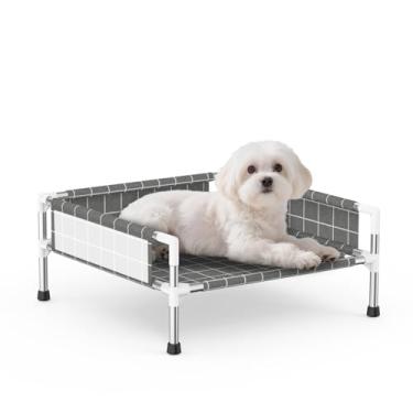 Imagem de Cama elevada para cães com cerca de 3 lados - Cama elevada para animais de estimação com pés antiderrapantes, sofá elevado durável para cães pequenos, uso interno/externo com tecido de fácil limpeza