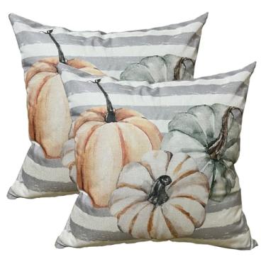 Imagem de Conjunto de 2 capas de almofada de abóbora para decoração de outono 45,7 x 45,7 cm, verde, laranja, abóboras, para atividades ao ar livre, dia de Ação de Graças, casa de fazenda, capa de almofada