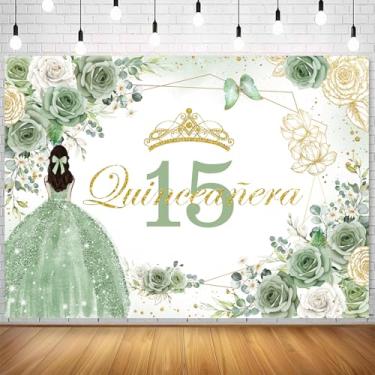 Imagem de Withu Pano de fundo de aniversário de 15 anos de quinze anos brilhante dourado verde sálvia floral flor borboleta princesa menina 15º decorações de festa Mis marmelo anos tema banner fotografia fundo