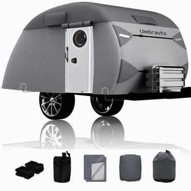 Imagem de Umbrauto Capa de trailer de viagem em forma de gota serve para 12-15 campistas, capa de trailer resistente à prova d'água de 7 camadas com alça à prova de vento para trailers R-Pod, trailers de concha