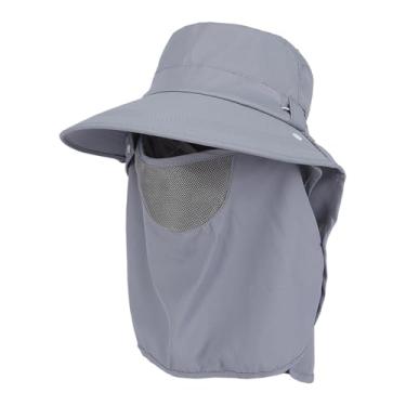 Imagem de Fenteer Chapéu de sol com cobertura facial para pesca, chapéu de proteção solar, aba larga respirável para mochila, caminhadas ao ar livre e jardinagem, Cinza Claro