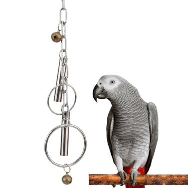 Imagem de Hypeety Brinquedos de sino de pássaro de aço inoxidável, colheres resistentes, anéis de pendurar com gaiola de metal, sinos para pendurar para cacatuas, araras, papagaios e pássaros grandes cinza