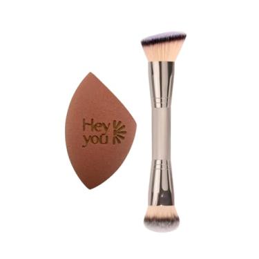 Imagem de Kit de maquiagem Pincel Duo Fiber Multifuncional + Esponja gota sem látex, hipoalergenicos, vegano Hey You 2 peças