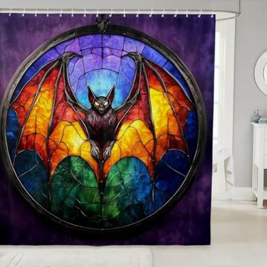 Imagem de Manfei Cortina de banheiro de morcego de Halloween, morcego místico, animal selvagem, 12 ganchos para banheira, cortina de banho geométrica de teia de aranha para crianças, meninas, meninos, 182 cm L