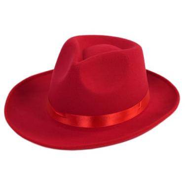 Imagem de Chapéu Fedora de aba larga vermelha com faixa de fita de cetim chapéu panamá chapéu de rancheiro para mulheres e homens