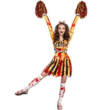Imagem de Jecery Zombie Fearleader Costume Includes Cheerleader Costume 2 Metallic Foil Cheer Pom Poms Halloween Socks 1 Bloody Bow (Large)