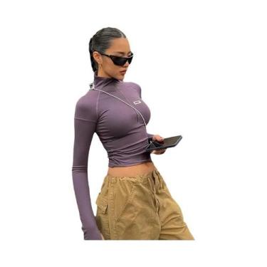 Imagem de Top Cropped Feminino Y2K De Manga Comprida Com Gola Alta, Zíper, Justo