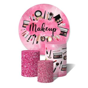 Imagem de Trio De Capa Cilíndricas + Painel Maquiagem Makeup Fundo Aquarela Rosa