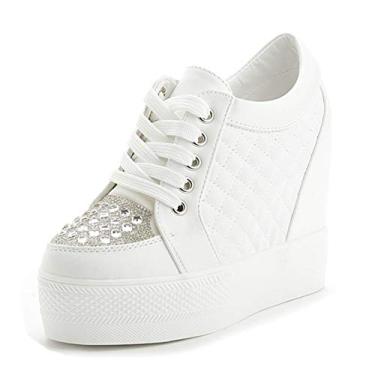 Imagem de Tênis feminino com salto oculto plataforma alta no tornozelo sapatos de caminhada modernos para noivas e casamentos, Strass branco, 5