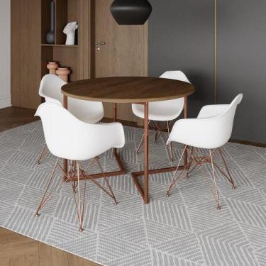 Imagem de Mesa Industrial Jantar Amêndoa 110Cm Redonda Base V Com 4 Poltronas Br
