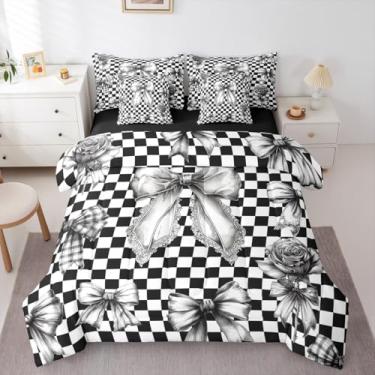 Imagem de Erosebridal Jogo de cama casal de 7 peças com laço preto e branco, cama xadrez fofa em uma bolsa, lençol com edredom moderno e estético, para meninas e mulheres