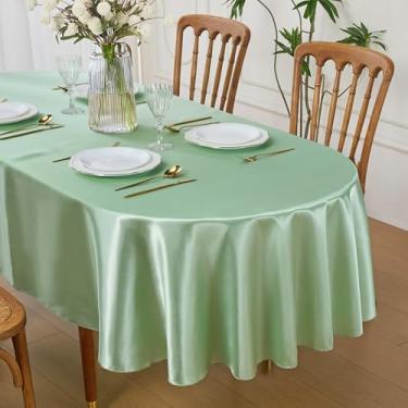 Imagem de Cobedzy Toalha de mesa oval de cetim verde sálvia 152 x 213 cm, lavável para uso interno/externo, capa de mesa de tecido resistente a manchas para fazenda, jantar, cozinha, casamento, banquete, festa