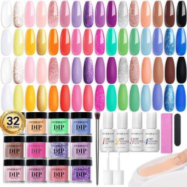 Imagem de Kit de unhas AZUREBEAUTY Dip Powder 32 cores com camada superior/base