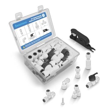 Imagem de Sweezwon Kit de acessórios de linha de água de conexão rápida de 26 peças de 6 mm (válvula de esfera, válvula de retenção, T, L, Y, I e cortador de tubulação profissional) para RO/DI, geladeira
