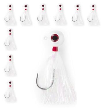 Imagem de Pacote com 10 UMT Pearl White Fluke Ball Bucktail Jig 85.0 g Mylar Teaser, Ultra Sharp 6/0 Mustad Hook, Olho 3D – para, Black Sea Bass, Stripers & Bluefish Wrecker Fluke Ball Jig 1