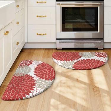 Imagem de KIMODE Tapetes de cozinha de meio círculo para chão almofadados antifadiga, 2 peças semi-redondos florais Boho tapete de cozinha antiderrapante, impermeável, acolchoado, tapete de cozinha, decoração