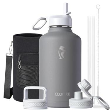 Imagem de Garrafa de água de 1,8 litro isolada com canudo e 3 tampas, jarro de água Coolflask de 1,8 g, grande metal de aço inoxidável, boca larga para esportes, academia ou escritório, sem BPA, mantenha frio