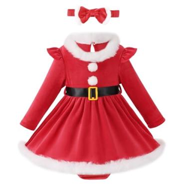 Imagem de Macaquinho de Natal para bebês recém-nascidos, manga comprida, vestido de veludo, roupa infantil com faixa de cabeça (vermelho A, 18-24 meses)