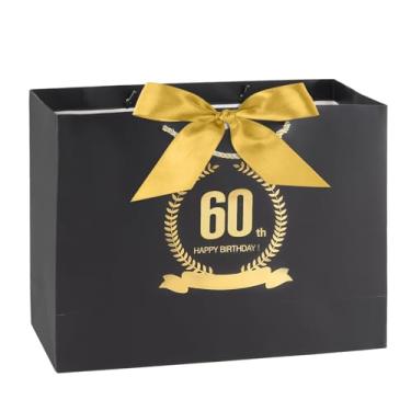Imagem de Yiran Bolsa de presente de feliz aniversário de 60 anos com alças e fita para homens para embrulhar presentes, bolsa grande preta e dourada, sacolas de papel, decorações de festa de aniversário de 60